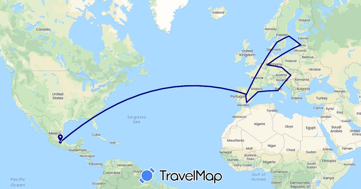 TravelMap itinerary: driving in Czech Republic, Germany, Spain, Hungary, Italy, Latvia, Mexico, Sweden (Europe, North America)